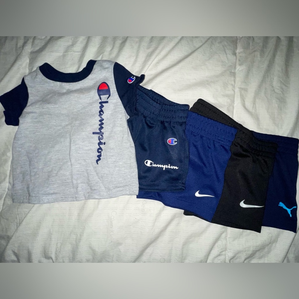 Baby Champion shirt/shirt set; 2- Nike shorts; 1- Puma shorts size 3-6 months.